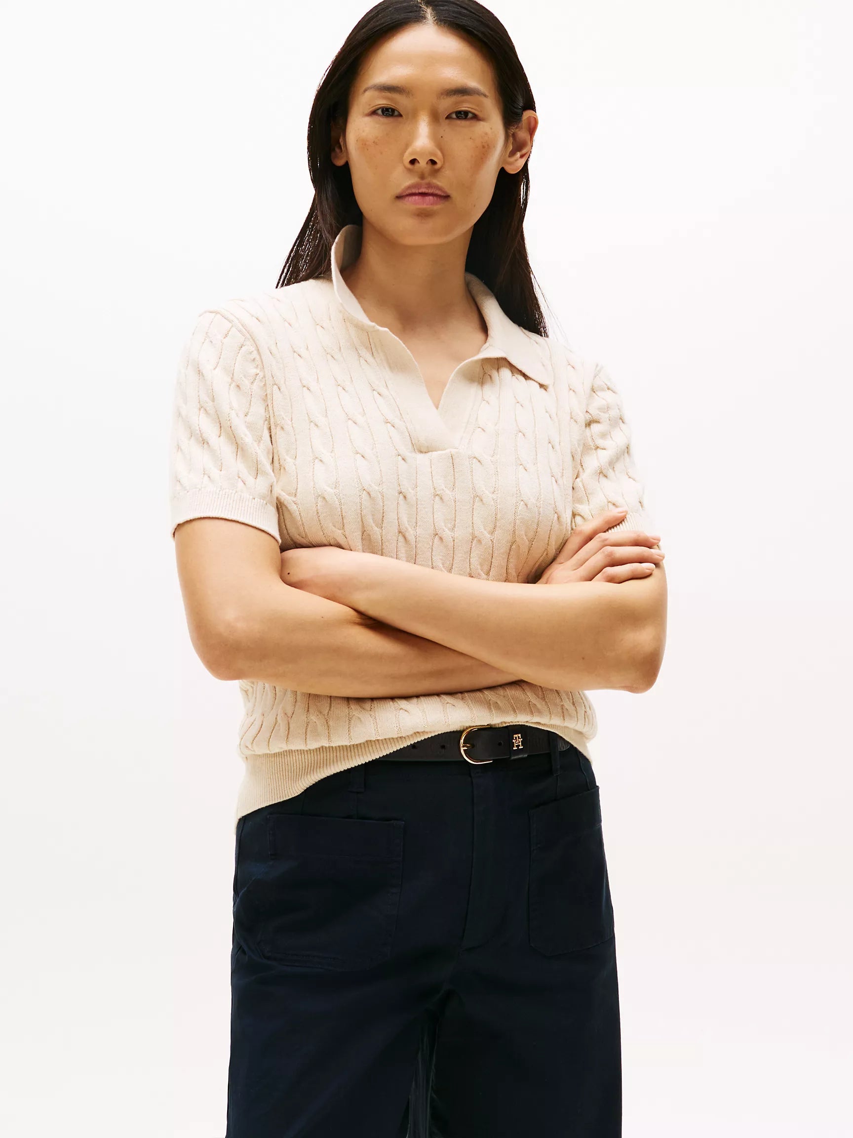 Tommy Short-Sleeve Cable Knit Polo Sweater