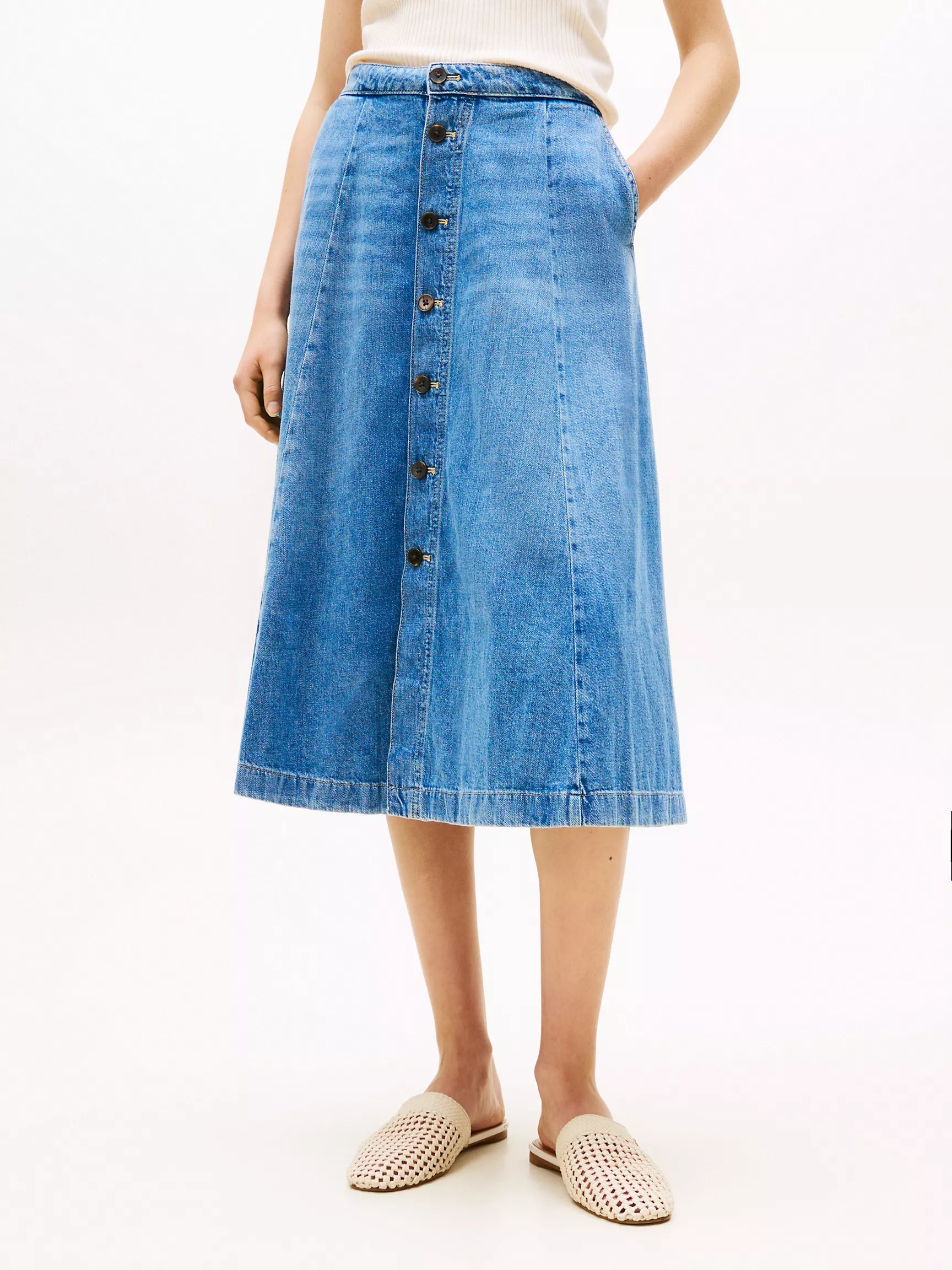Tommy Medium Wash High-Rise Flared Denim Skirt