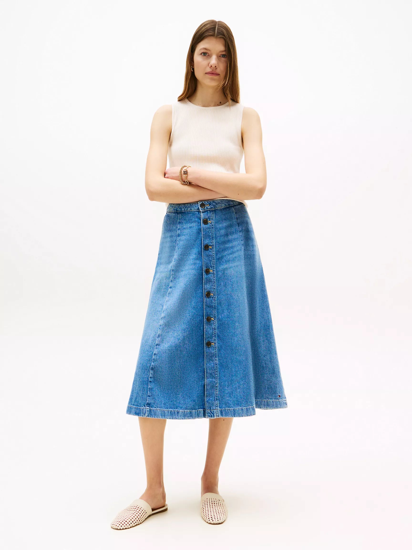 Tommy Medium Wash High-Rise Flared Denim Skirt