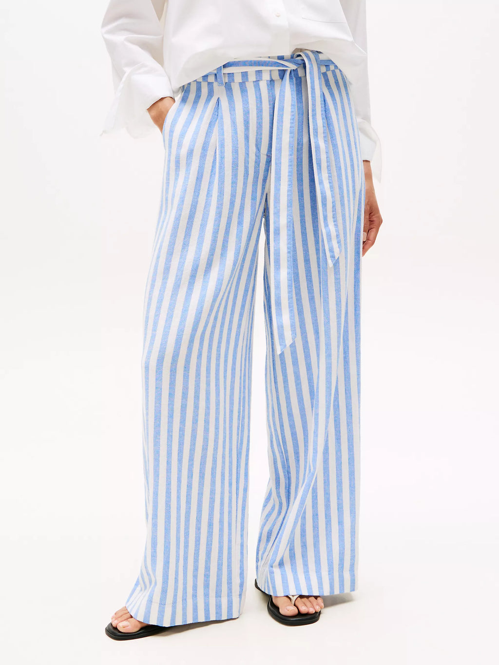Tommy Stripe Wide-Leg Paper-Bag Pant