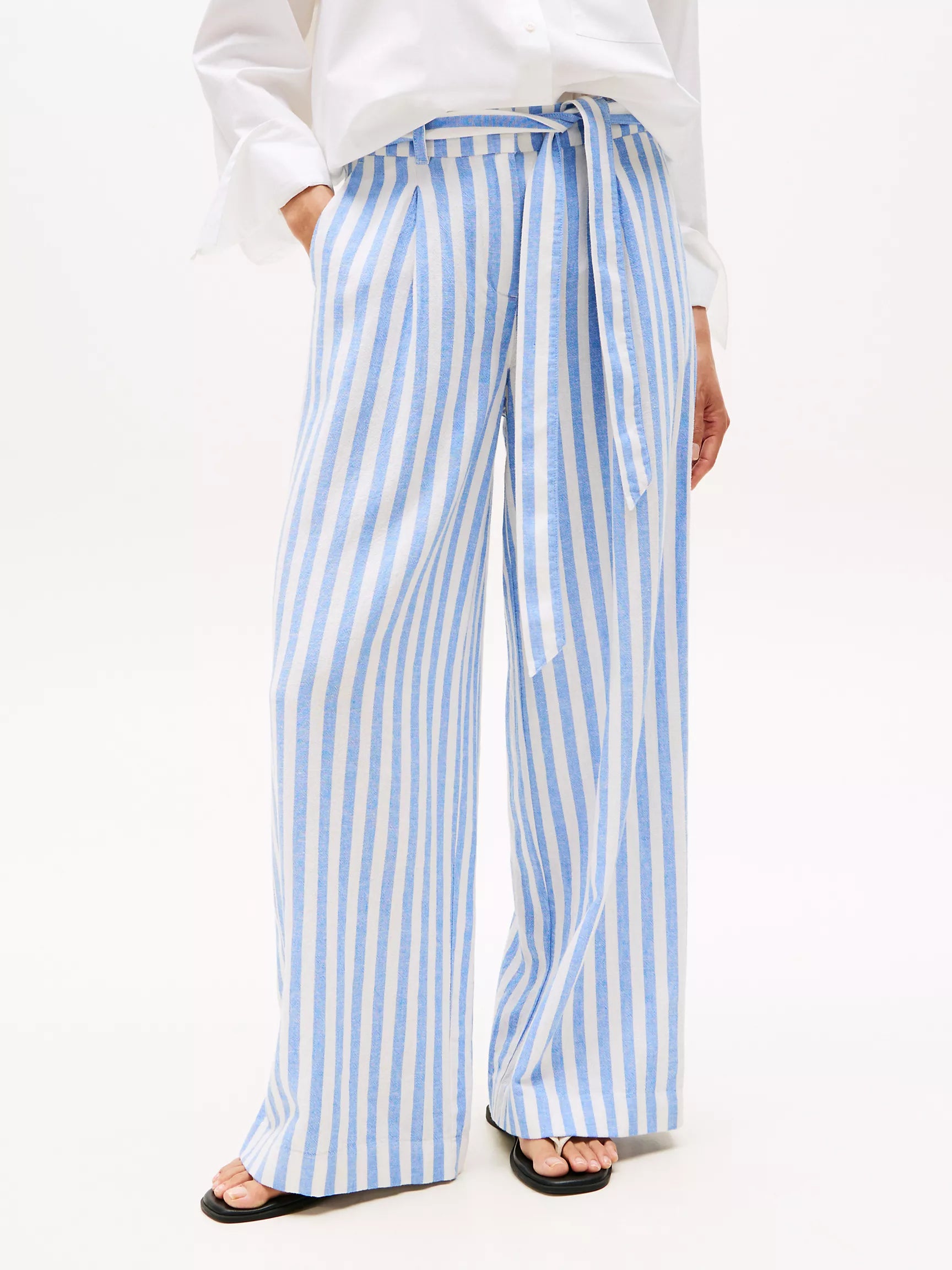 Tommy Stripe Wide-Leg Paper-Bag Pant