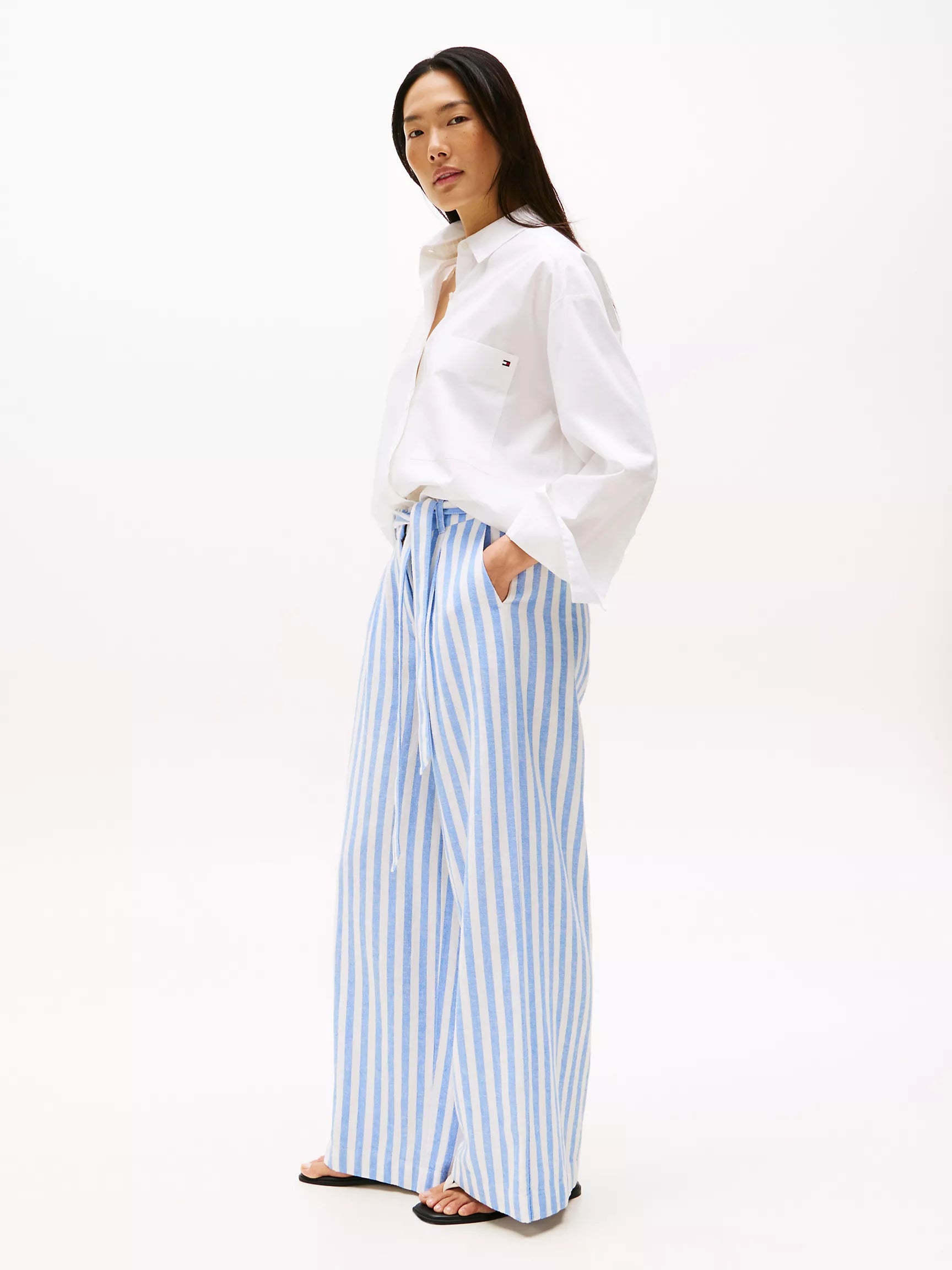 Tommy Stripe Wide-Leg Paper-Bag Pant