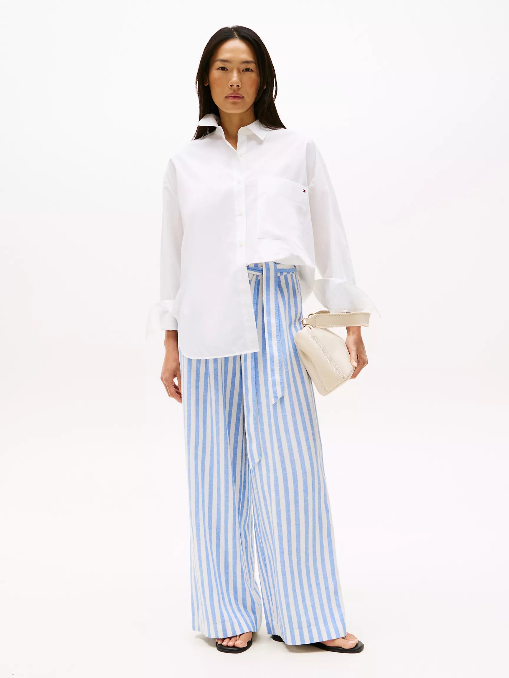 Tommy Stripe Wide-Leg Paper-Bag Pant